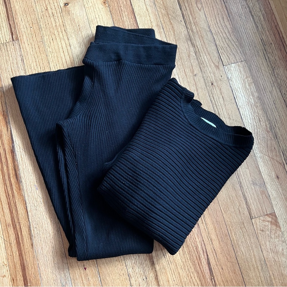 Pink Rose Black Ribbed Knit Top and pants set